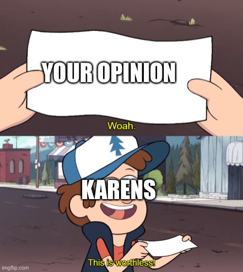 Karens are stupid | YOUR OPINION; KARENS | image tagged in this is worthless | made w/ Imgflip meme maker