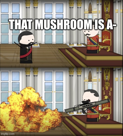 Oversimplified Tsar fires rocket | THAT MUSHROOM IS A- | image tagged in oversimplified tsar fires rocket | made w/ Imgflip meme maker