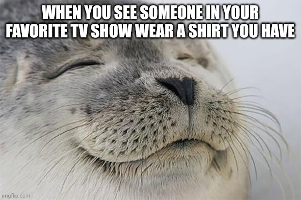 Satisfied Seal Meme | WHEN YOU SEE SOMEONE IN YOUR FAVORITE TV SHOW WEAR A SHIRT YOU HAVE | image tagged in memes,satisfied seal,funny memes,funny,t-shirt,tv show | made w/ Imgflip meme maker