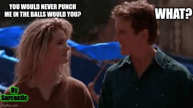 Johnny cage Sonya Blade Heart to heart | YOU WOULD NEVER PUNCH ME IN THE BALLS WOULD YOU? WHAT? By Sarcastic | image tagged in mortal kombat,johnny cage,punch,in,the,balls | made w/ Imgflip meme maker