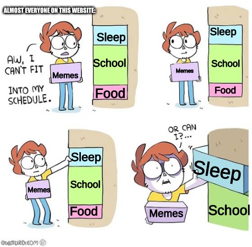 Schedule meme | ALMOST EVERYONE ON THIS WEBSITE:; Sleep; Sleep; School; School; Memes; Memes; Food; Food; Sleep; Sleep; School; Memes; School; Food; Memes | image tagged in schedule meme | made w/ Imgflip meme maker
