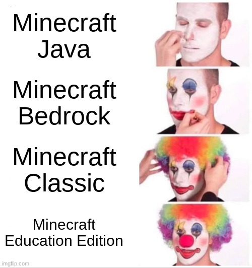 Clown Applying Makeup | Minecraft Java; Minecraft Bedrock; Minecraft Classic; Minecraft Education Edition | image tagged in memes,clown applying makeup | made w/ Imgflip meme maker