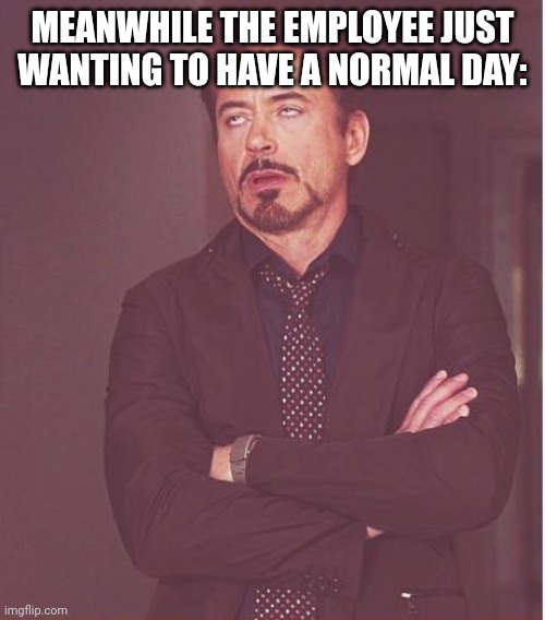 Face You Make Robert Downey Jr Meme | MEANWHILE THE EMPLOYEE JUST WANTING TO HAVE A NORMAL DAY: | image tagged in memes,face you make robert downey jr | made w/ Imgflip meme maker