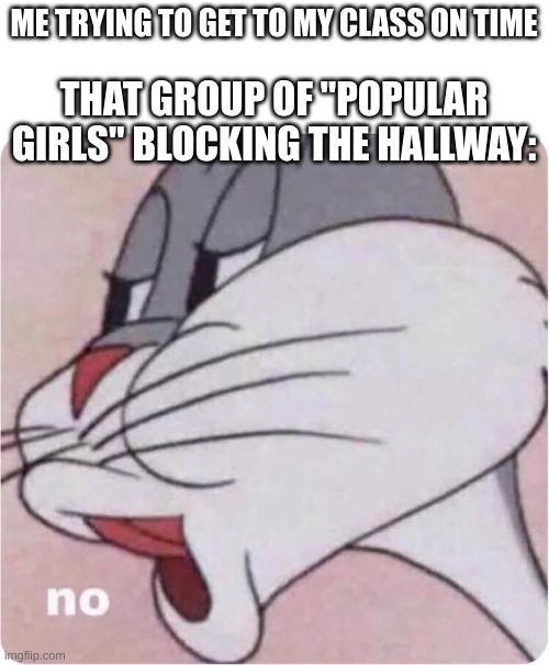 Bugs Bunny No | ME TRYING TO GET TO MY CLASS ON TIME THAT GROUP OF "POPULAR GIRLS" BLOCKING THE HALLWAY: | image tagged in bugs bunny no | made w/ Imgflip meme maker