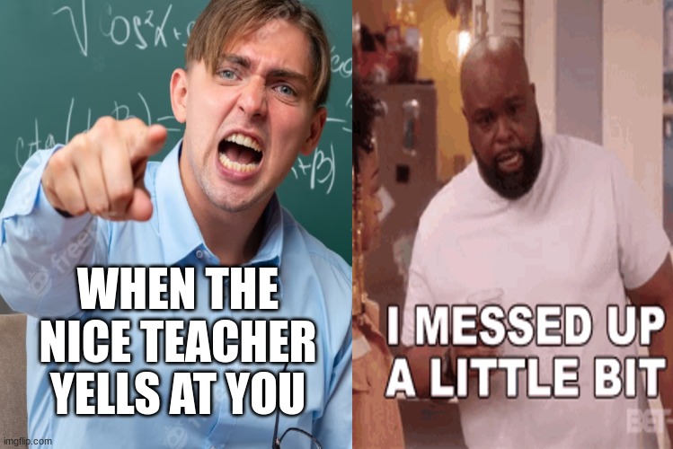 Just a bit | WHEN THE NICE TEACHER YELLS AT YOU | image tagged in funny | made w/ Imgflip meme maker