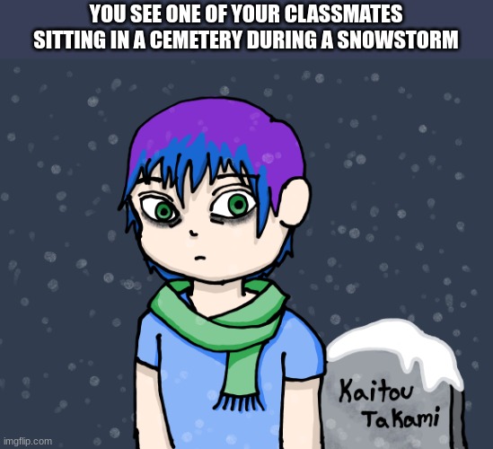 YOU SEE ONE OF YOUR CLASSMATES SITTING IN A CEMETERY DURING A SNOWSTORM | made w/ Imgflip meme maker