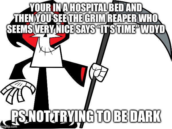 5 ending role play | YOUR IN A HOSPITAL BED AND THEN YOU SEE THE GRIM REAPER WHO SEEMS VERY NICE SAYS “IT’S TIME” WDYD; PS NOT TRYING TO BE DARK | image tagged in roleplaying,dablons | made w/ Imgflip meme maker