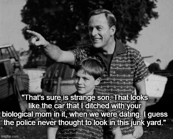 That Is Strange | "That's sure is strange son. That looks like the car that I ditched with your biological mom in it, when we were dating. I guess the police never thought to look in this junk yard." | image tagged in father and son,mom,junk yard,biological mom,police | made w/ Imgflip meme maker