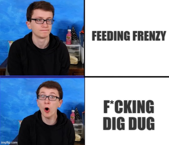 Feeding Frenzy or Dig Dug? | FEEDING FRENZY; F*CKING DIG DUG | image tagged in scott the woz no yes,dig dug | made w/ Imgflip meme maker