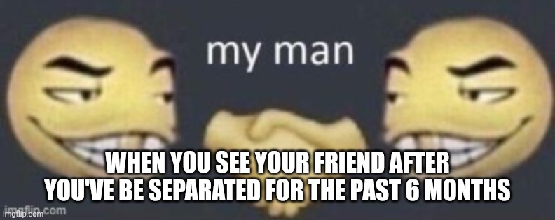 Good to see ya! | WHEN YOU SEE YOUR FRIEND AFTER YOU'VE BE SEPARATED FOR THE PAST 6 MONTHS | image tagged in my man | made w/ Imgflip meme maker