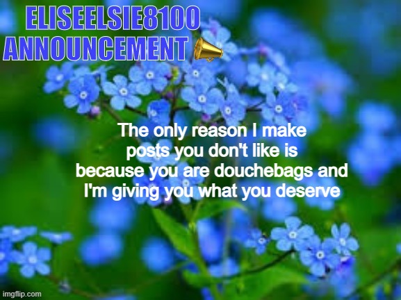 I know. I'm annoying. | The only reason I make posts you don't like is because you are douchebags and I'm giving you what you deserve | image tagged in eliseelsie8100 announcement | made w/ Imgflip meme maker