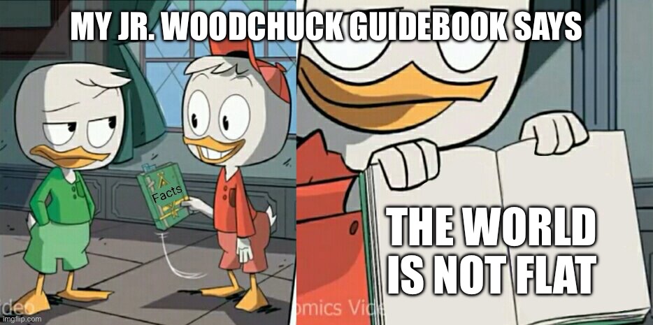 Huey be like | MY JR. WOODCHUCK GUIDEBOOK SAYS; THE WORLD IS NOT FLAT | image tagged in huey telling facts,ducks,ducktales | made w/ Imgflip meme maker