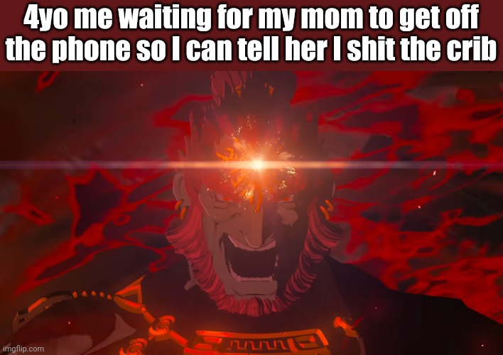 Ganondorf Yell | 4yo me waiting for my mom to get off the phone so I can tell her I shit the crib | image tagged in the legend of zelda breath of the wild,ganondorf | made w/ Imgflip meme maker