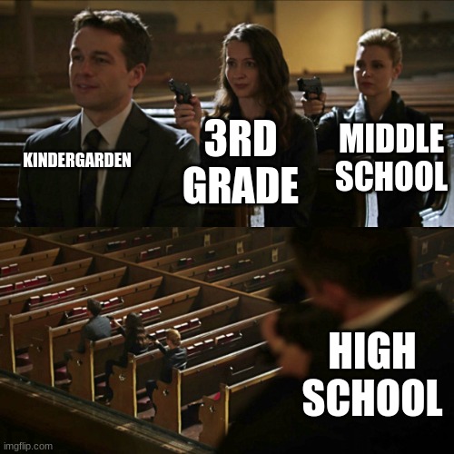 Image title | KINDERGARDEN; MIDDLE SCHOOL; 3RD GRADE; HIGH SCHOOL | image tagged in assassination chain,school | made w/ Imgflip meme maker