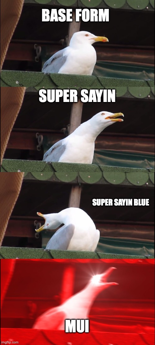 Inhaling Seagull | BASE FORM; SUPER SAYIN; SUPER SAYIN BLUE; MUI | image tagged in memes,inhaling seagull | made w/ Imgflip meme maker