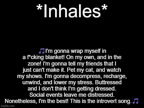 ^^" | *Inhales*; 🎵I'm gonna wrap myself in a f*cking blanket! On my own, and in the zone! I'm gonna tell my friends that I just can't make it. Pet my cat, and watch my shows. I'm gonna decompress, recharge, unwind, and lower my stress. Buttressed and I don't think I'm getting dressed. Social events leave me distressed. Nonetheless, I'm the best! This is the introvert song.🎵 | made w/ Imgflip meme maker