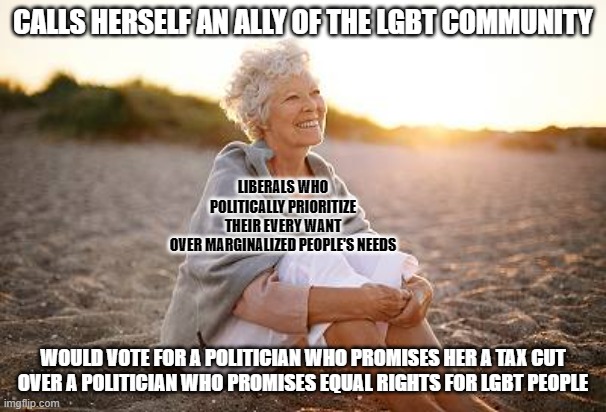 What role do you play in marginalizing marginalized people? | CALLS HERSELF AN ALLY OF THE LGBT COMMUNITY; LIBERALS WHO
POLITICALLY PRIORITIZE
THEIR EVERY WANT
OVER MARGINALIZED PEOPLE'S NEEDS; WOULD VOTE FOR A POLITICIAN WHO PROMISES HER A TAX CUT
OVER A POLITICIAN WHO PROMISES EQUAL RIGHTS FOR LGBT PEOPLE | image tagged in lgbtq,liberal hypocrisy,selfishness,greed,tax cuts for the rich,ok boomer | made w/ Imgflip meme maker