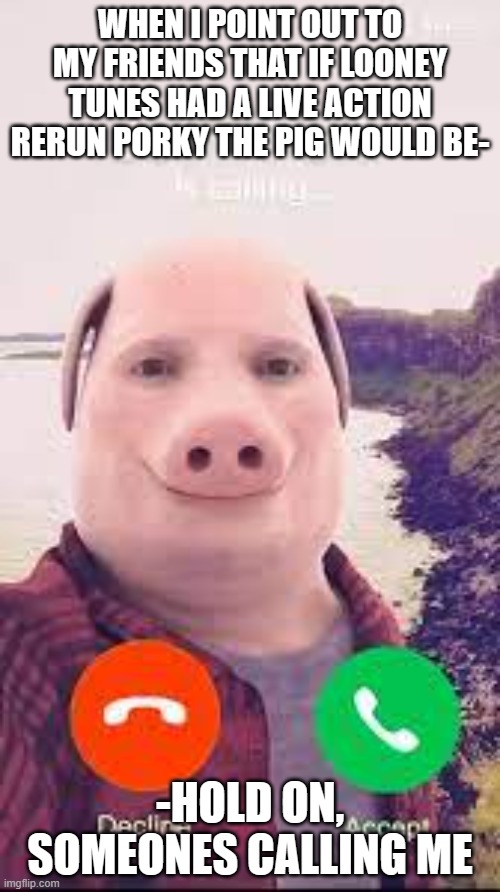 john pork | WHEN I POINT OUT TO MY FRIENDS THAT IF LOONEY TUNES HAD A LIVE ACTION RERUN PORKY THE PIG WOULD BE-; -HOLD ON, SOMEONES CALLING ME | image tagged in john pork | made w/ Imgflip meme maker