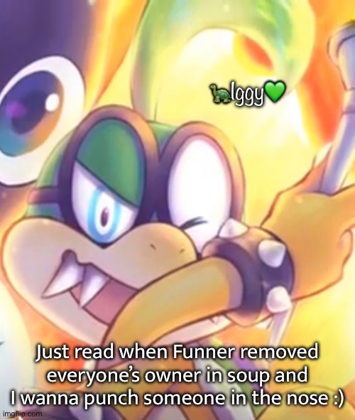 Me pissed off | 🐢Iggy💚; Just read when Funner removed everyone’s owner in soup and I wanna punch someone in the nose :) | made w/ Imgflip meme maker