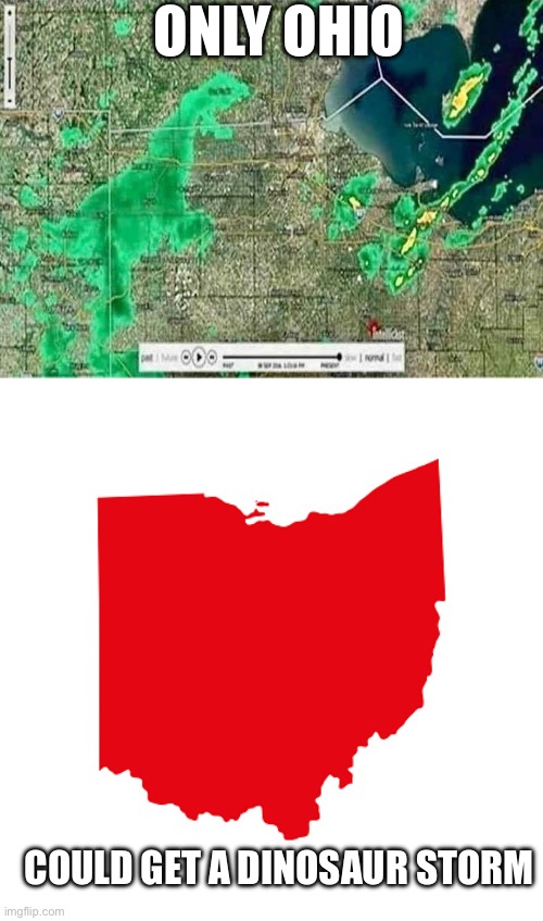 Ohio Dino | ONLY OHIO; COULD GET A DINOSAUR STORM | image tagged in ohio meme,dinosaur,storm | made w/ Imgflip meme maker