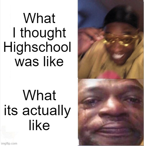 I thought teens were so cool growing up!  Now that I am one... It really sucks! | What I thought Highschool 
was like; What its actually 
like | image tagged in happy sad,high school,school,dissapointed,depression | made w/ Imgflip meme maker