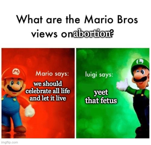 Mario says Luigi says | abortion; we should celebrate all life and let it live; yeet that fetus | image tagged in mario says luigi says | made w/ Imgflip meme maker