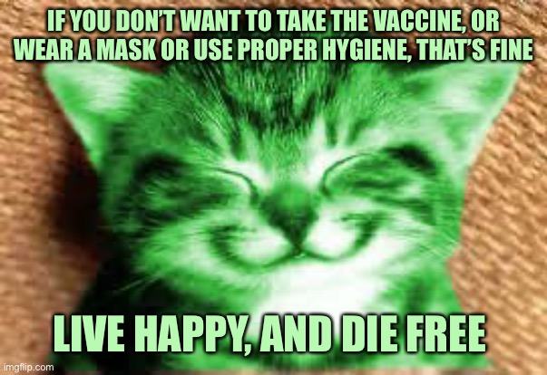 Wise Cat | IF YOU DON’T WANT TO TAKE THE VACCINE, OR WEAR A MASK OR USE PROPER HYGIENE, THAT’S FINE; LIVE HAPPY, AND DIE FREE | image tagged in happy raycat,memes | made w/ Imgflip meme maker