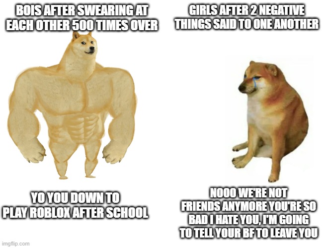 So True | BOIS AFTER SWEARING AT EACH OTHER 500 TIMES OVER; GIRLS AFTER 2 NEGATIVE THINGS SAID TO ONE ANOTHER; YO YOU DOWN TO PLAY ROBLOX AFTER SCHOOL; NOOO WE'RE NOT FRIENDS ANYMORE YOU'RE SO BAD I HATE YOU, I'M GOING TO TELL YOUR BF TO LEAVE YOU | image tagged in memes,buff doge vs cheems | made w/ Imgflip meme maker
