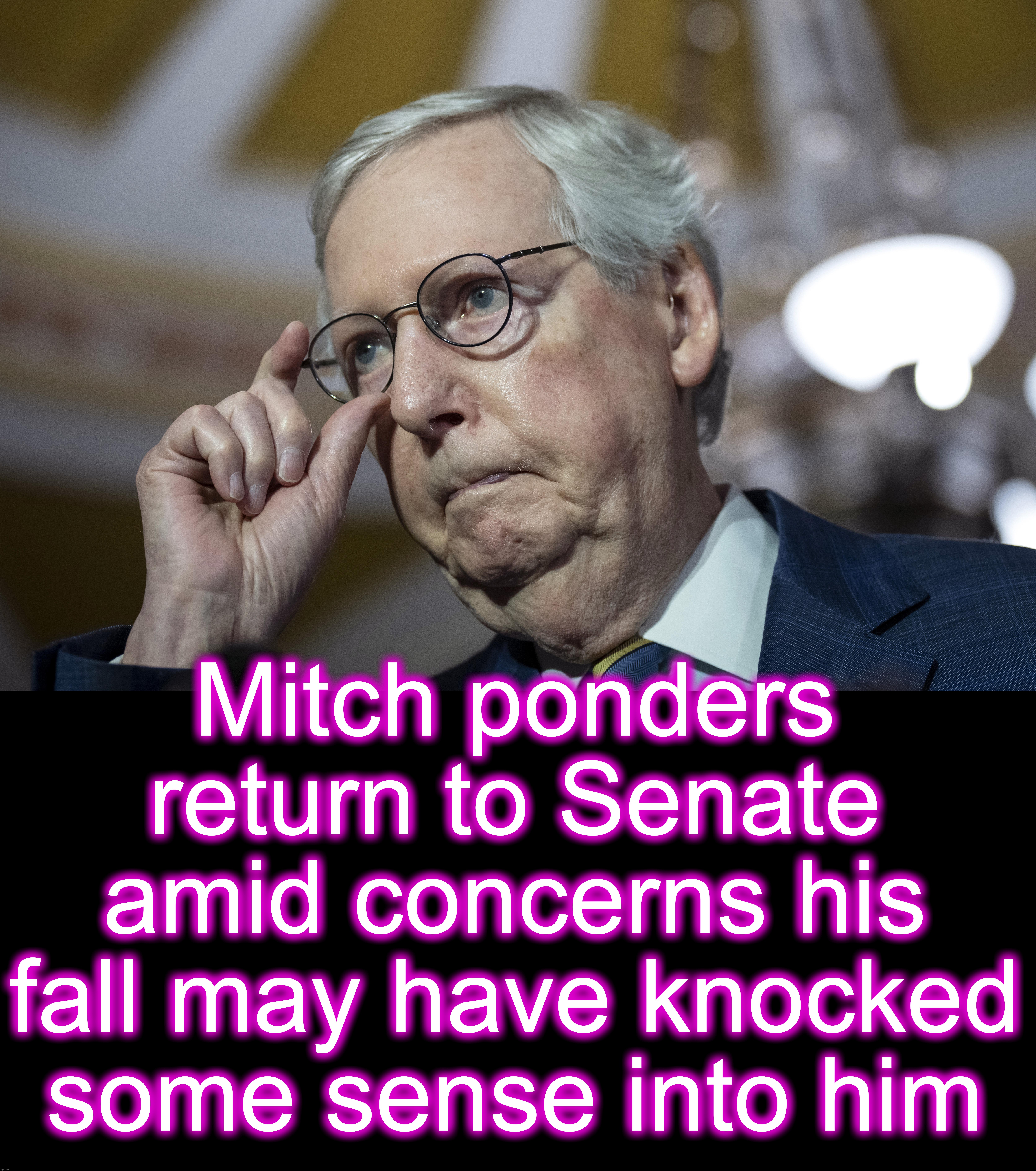 McConnell wonders if he'll still be able to Rino [warning: root-and-branch satire] | Mitch ponders return to Senate amid concerns his fall may have knocked some sense into him | image tagged in mitch mcconnell | made w/ Imgflip meme maker