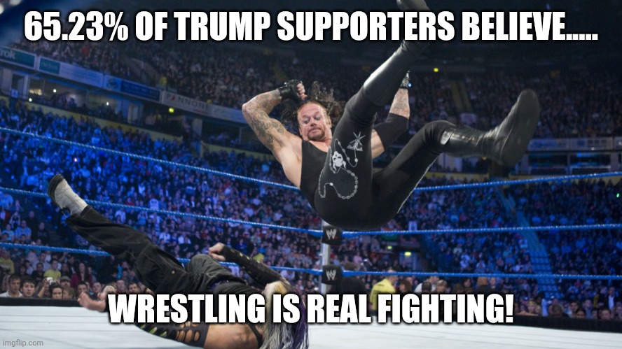 Magadumb | 65.23% OF TRUMP SUPPORTERS BELIEVE..... WRESTLING IS REAL FIGHTING! | image tagged in conservative,republican,trump supporter,democrat,liberal,trump sucks | made w/ Imgflip meme maker