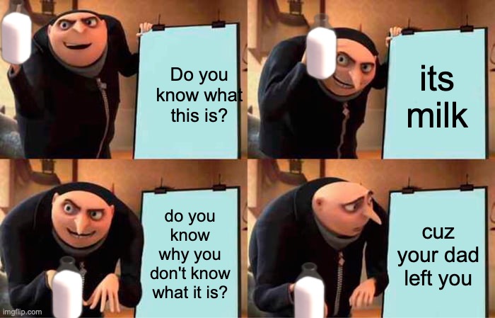 daddy where are you? | Do you know what this is? its milk; do you know why you don't know what it is? cuz your dad left you | image tagged in memes,gru's plan,milk | made w/ Imgflip meme maker