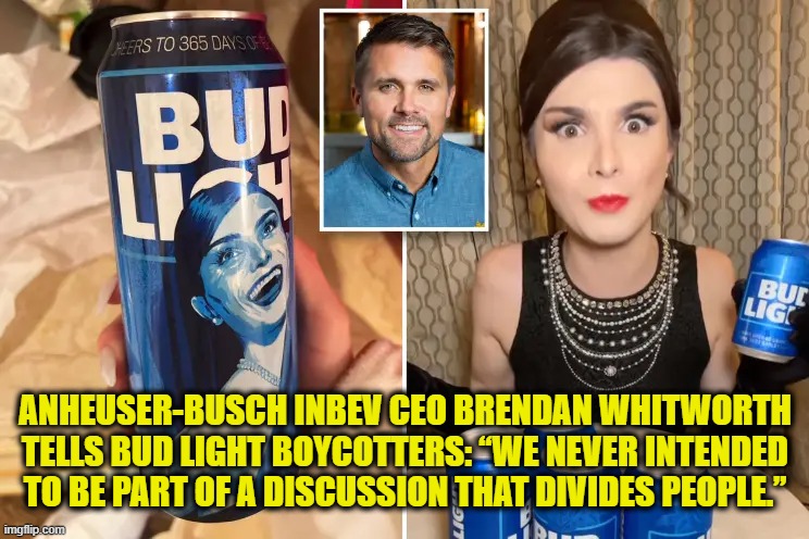 The Law of Unintended Consequences | ANHEUSER-BUSCH INBEV CEO BRENDAN WHITWORTH TELLS BUD LIGHT BOYCOTTERS: “WE NEVER INTENDED TO BE PART OF A DISCUSSION THAT DIVIDES PEOPLE.” | image tagged in bud light,dylan mulvaney | made w/ Imgflip meme maker