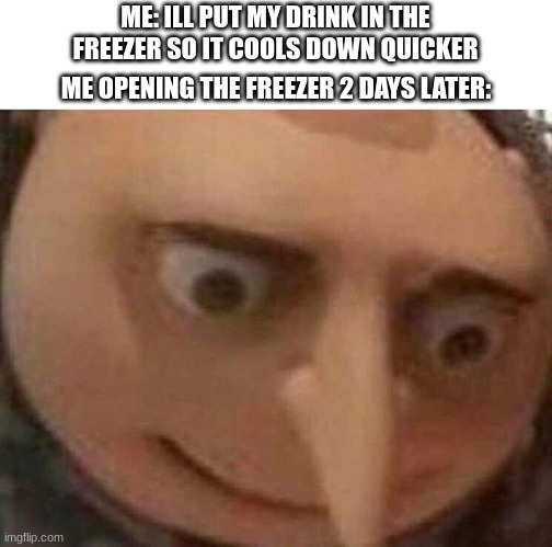 gru meme | ME: ILL PUT MY DRINK IN THE FREEZER SO IT COOLS DOWN QUICKER; ME OPENING THE FREEZER 2 DAYS LATER: | image tagged in gru meme,so true,funny,memes,life,depression sadness hurt pain anxiety | made w/ Imgflip meme maker