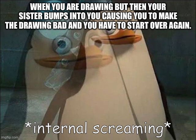 Another relatable meme | WHEN YOU ARE DRAWING BUT THEN YOUR SISTER BUMPS INTO YOU CAUSING YOU TO MAKE THE DRAWING BAD AND YOU HAVE TO START OVER AGAIN. | image tagged in sister,drawings,private internal screaming,relatable,always happens,everyday life | made w/ Imgflip meme maker