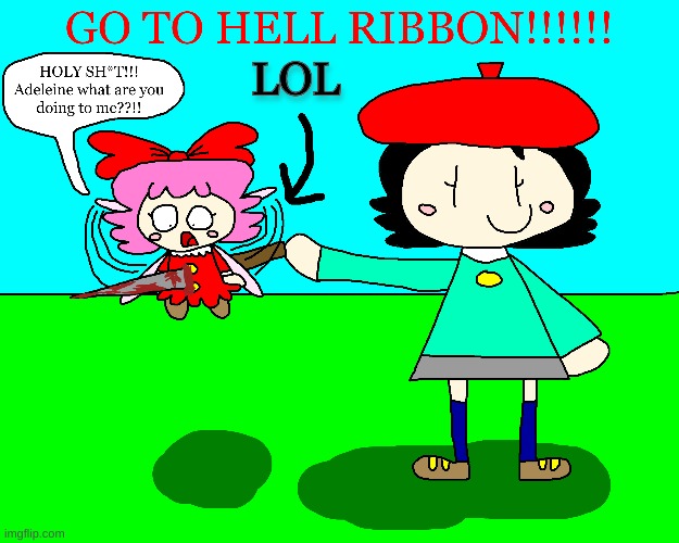 Adeleine stabbed Ribbon with a knife | image tagged in kirby,gore,blood,funny,cute,fanart | made w/ Imgflip meme maker