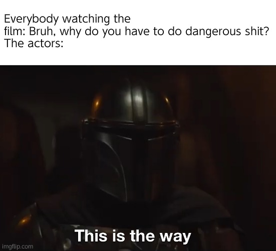 This is the way | Everybody watching the film: Bruh, why do you have to do dangerous shit?
The actors: | image tagged in this is the way | made w/ Imgflip meme maker