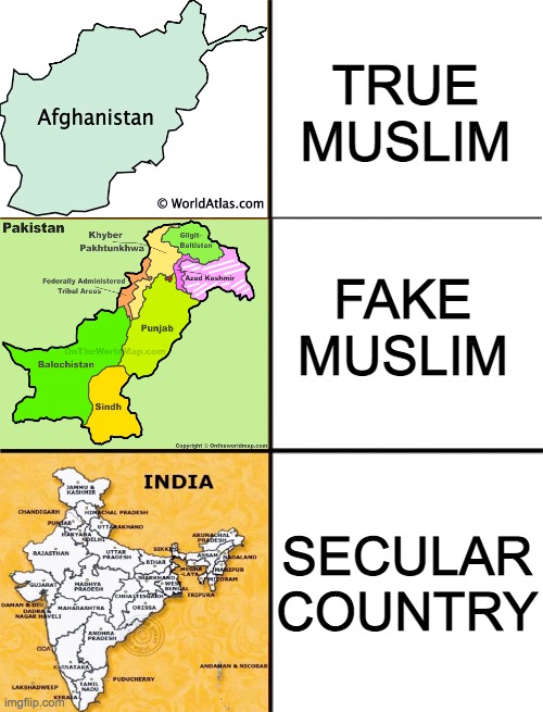Drake meme 3 panels | TRUE MUSLIM; FAKE MUSLIM; SECULAR COUNTRY | image tagged in drake meme 3 panels | made w/ Imgflip meme maker