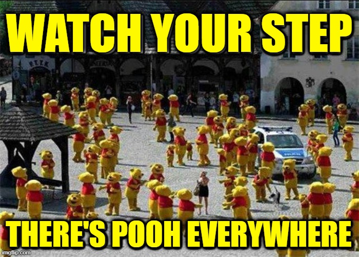 Danger is afoot. Your sanity is at stake. | WATCH YOUR STEP; THERE'S POOH EVERYWHERE | image tagged in vince vance,memes,winnie the pooh,poop,watch your step,pooh bear | made w/ Imgflip meme maker