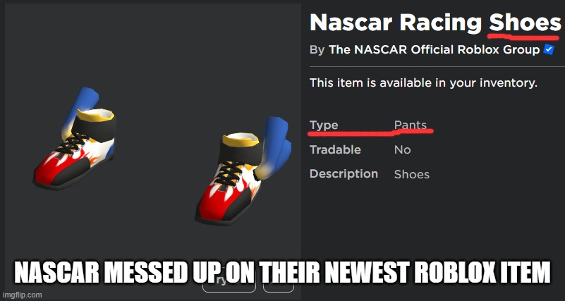 If they're supposed to be shoes, why are they in the Pants category? | NASCAR MESSED UP ON THEIR NEWEST ROBLOX ITEM | image tagged in roblox,nascar,shoes,pants | made w/ Imgflip meme maker