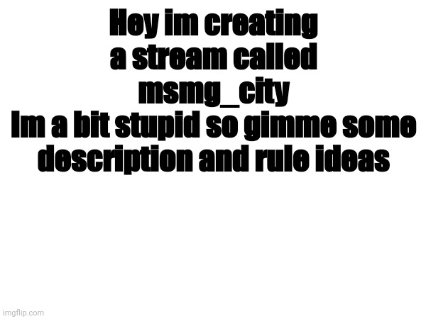 Hey im creating a stream called msmg_city
Im a bit stupid so gimme some description and rule ideas | made w/ Imgflip meme maker