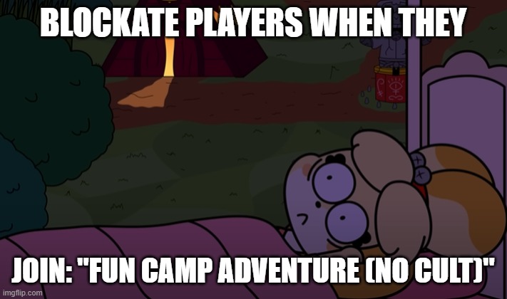 Blockate | BLOCKATE PLAYERS WHEN THEY; JOIN: "FUN CAMP ADVENTURE (NO CULT)" | image tagged in blockate players when they | made w/ Imgflip meme maker