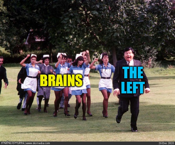 The left Actively Avoid Having Brains | BRAINS; THE LEFT | image tagged in benny hill chase scene,brain,dumb people,leftists | made w/ Imgflip meme maker