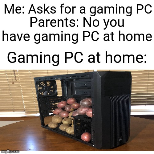 Imagine asking for a gaming PC that is a potato pc | Me: Asks for a gaming PC; Parents: No you have gaming PC at home; Gaming PC at home: | image tagged in pc gaming | made w/ Imgflip meme maker