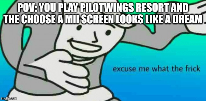 AHHH | POV: YOU PLAY PILOTWINGS RESORT AND THE CHOOSE A MII SCREEN LOOKS LIKE A DREAM | image tagged in excuse me what the frick,pilotwings resort | made w/ Imgflip meme maker