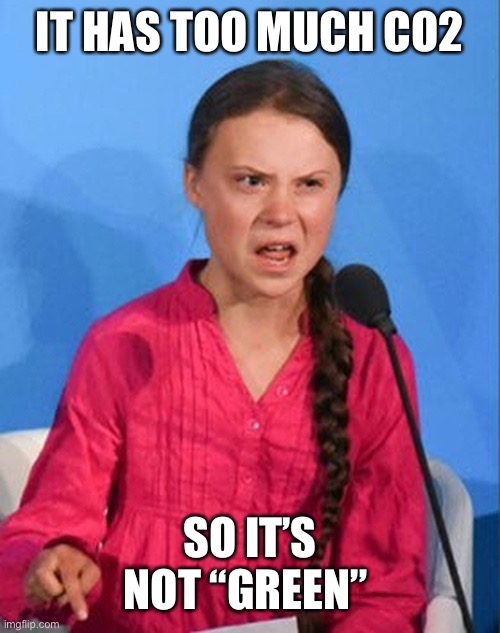 Greta Thunberg how dare you | IT HAS TOO MUCH CO2 SO IT’S NOT “GREEN” | image tagged in greta thunberg how dare you | made w/ Imgflip meme maker