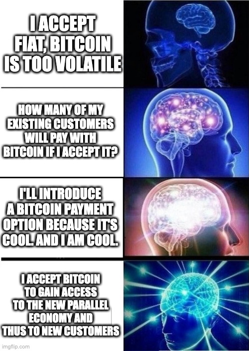 mind blown template | I ACCEPT FIAT, BITCOIN IS TOO VOLATILE; HOW MANY OF MY EXISTING CUSTOMERS WILL PAY WITH BITCOIN IF I ACCEPT IT? I'LL INTRODUCE A BITCOIN PAYMENT OPTION BECAUSE IT'S COOL. AND I AM COOL. I ACCEPT BITCOIN TO GAIN ACCESS TO THE NEW PARALLEL ECONOMY AND THUS TO NEW CUSTOMERS | image tagged in mind blown template | made w/ Imgflip meme maker