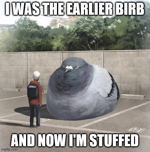 Beeg Birb | I WAS THE EARLIER BIRB AND NOW I'M STUFFED | image tagged in beeg birb | made w/ Imgflip meme maker