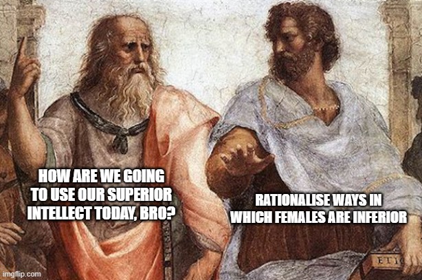 Chad Philosophers | HOW ARE WE GOING TO USE OUR SUPERIOR INTELLECT TODAY, BRO? RATIONALISE WAYS IN WHICH FEMALES ARE INFERIOR | image tagged in men vs women | made w/ Imgflip meme maker