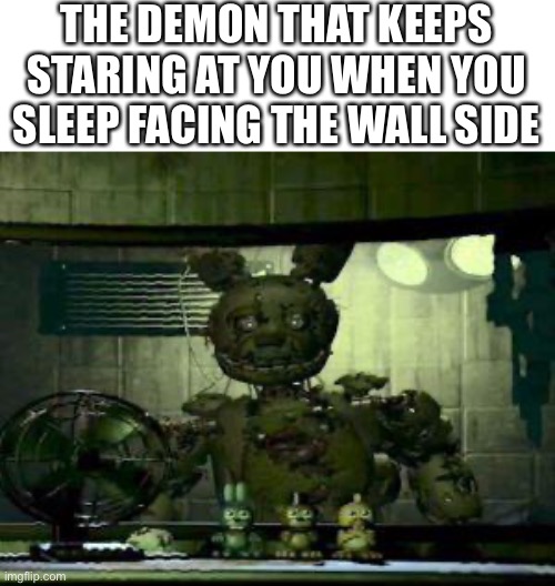 Anyone related to this? | THE DEMON THAT KEEPS STARING AT YOU WHEN YOU SLEEP FACING THE WALL SIDE | image tagged in fnaf springtrap in window,relatable,demon | made w/ Imgflip meme maker