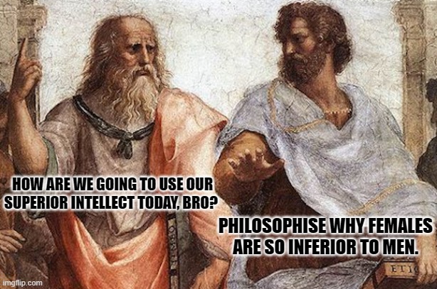 Chad philosophers | HOW ARE WE GOING TO USE OUR SUPERIOR INTELLECT TODAY, BRO? PHILOSOPHISE WHY FEMALES ARE SO INFERIOR TO MEN. | image tagged in men vs women | made w/ Imgflip meme maker